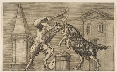 Ein Satyr und ein Widder greifen sich gegenseitig an, der Satyr schwingt einen Knüppel mit seiner rechten Hand, ca. 1515-27 von Marco Dente