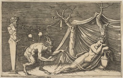 Ein Satyr entdeckt eine schlafende Frau, zwei Krebse hängen an einem Seil, das gespannt ist..., ca. 1515-27 von Marco Dente