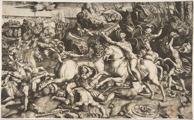 Kampfszene in einer Landschaft mit Soldaten zu Pferd und mehreren gefallenen Männern, ca. 1520 von Marco Dente