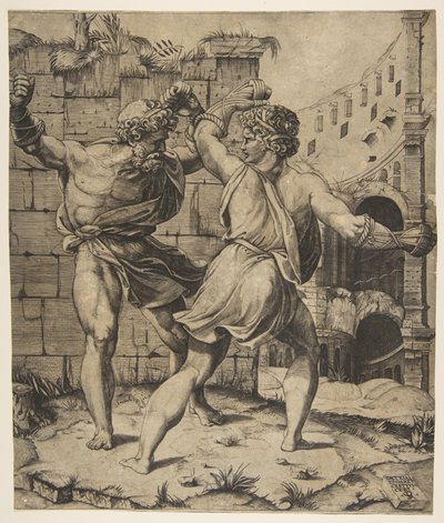 Entellus und Dares kämpfen vor klassischen Ruinen, 1520-25 von Marco Dente