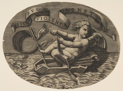 Eros flieht übers Meer und benutzt seinen Bogen, um ein Boot aus seinem Köcher mit einem Pfeil anzutreiben..., ca. 1515-27 von Marco Dente