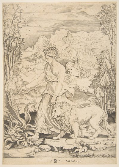 Tapferkeit im Profil, die nach links zu einem Feuer geht und einen angeleinten Löwen führt, ca. 1515-27 von Marco Dente