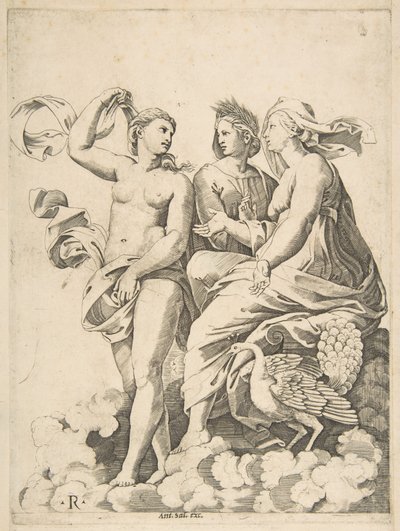 Juno, Ceres und Psyche in den Wolken im Gespräch, Juno sitzt mit einem Pfau bei ihr..., ca. 1515-27 von Marco Dente