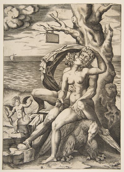 Jupiter und Semele umarmend, ein Adler unter ihnen, ein Baum rechts von Marco Dente