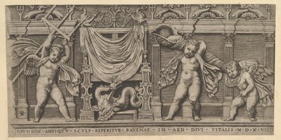 Speculum Romanae Magnificentiae: Basrelief mit drei Putten, 1519 von Marco Dente