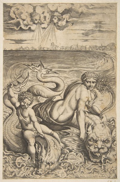 Venus und Amor reiten auf zwei Seemonstern, Amor hebt einen Pfeil in seiner rechten Hand, ca. 1515-27 von Marco Dente