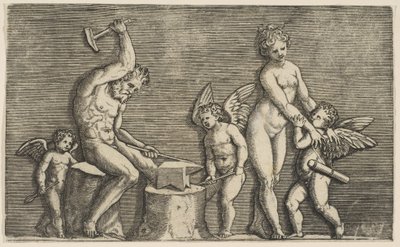Vulkan sitzt und hämmert auf einem Amboss, flankiert von Venus und drei Cupidos, ca. 1515-27 von Marco Dente