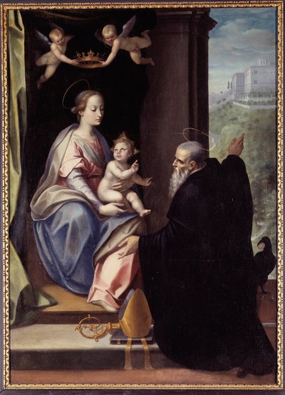 Der heilige Benedikt übergibt das Kloster Montecassino an Jesus und Maria, Gemälde von Marco Mazzaroppi von Marco Mazzaroppi
