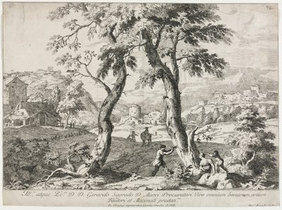 Ansicht eines Dorfes mit Figuren im Vordergrund von Marco Ricci