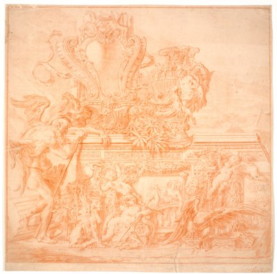 Dekorationsentwurf mit einem alten Mann, der die Zeit symbolisiert, einem Schild, einer Vase, einem Adler und mehreren allegorischen Figuren von Marcus Tuscher