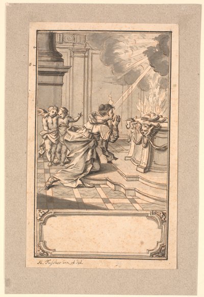 Eine Frau kniet vor einem Altar mit einem brennenden Herzen von Marcus Tuscher