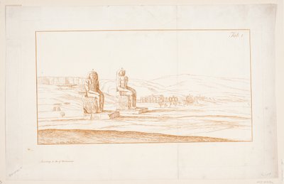 Illustration zu "Zeichnungen einiger Ruinen und kolossaler Statuen in Theben in Ägypten mit einem Bericht über den Ruhm in einem Brief an die Royal Society", London 1741 von Marcus Tuscher
