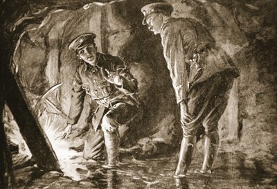 Lance-Corporal Evason und ein Offizier hören Deutschen in einem Gegenstollen zu von Margaret Dovaston