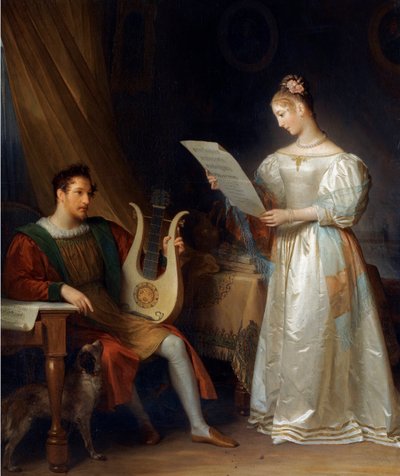 Ein Mann, der eine Lyra hält, und eine Frau mit einer Partitur in einem Innenraum von Marguerite Gerard