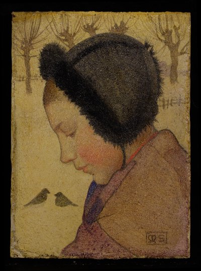 Kopf eines jungen Mädchens mit Pelzhut von Marianne Stokes