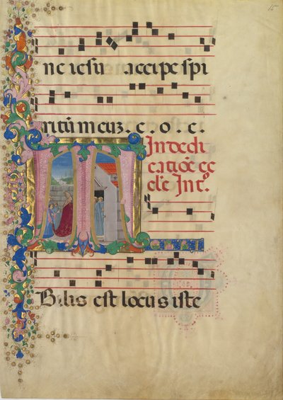 Manuskriptblatt mit der Einweihung einer Kirche in einem Initial T, aus einem Graduale, 2. Hälfte des 15. Jahrhunderts von Mariano del Buono