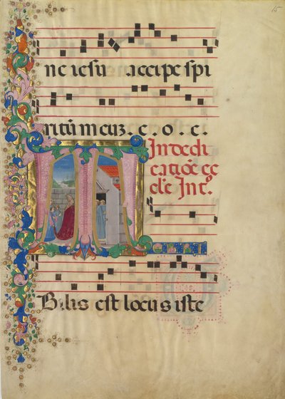 Manuskriptblatt mit der Einweihung einer Kirche in einem Initial T, aus einem Graduale, zweite Hälfte des 15. Jahrhunderts von Mariano del Buono