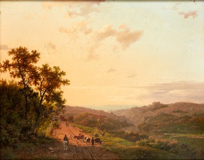 Hirten und ihr Vieh auf einem Landweg, mit ferner Landschaft von Marinus Adrianus Koekkoek