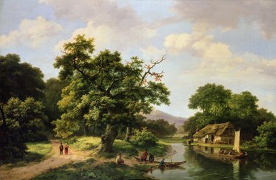 Bewaldete Flusslandschaft mit Bauern, die eine Fähre entladen von Marinus Adrianus Koekkoek