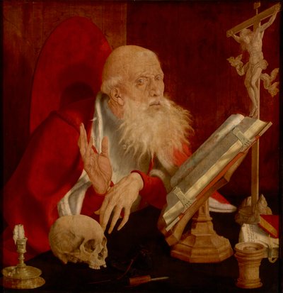 Der heilige Hieronymus in seiner Zelle, von Reymerswaele, Marinus Claesz, van (ca. 1490-nach 1567). Öl auf Holz, ca. 1545. Dimension: 84,3x82,5 cm. Muzeul National Brukenthal, Sibiu von Marinus van Reymerswaele