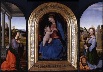 Thronende Maria lactans mit den Heiligen Katharina von Alexandria und Barbara und ihrem Vater Dioscurus, 15 von Mariotto Albertinelli