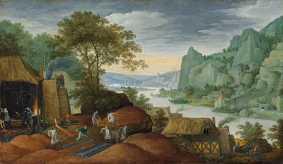 Eine felsige Landschaft mit Figuren bei einer Eisenhütte, einem Fluss und Häusern am Ufer dahinter von Marten Ryckaert