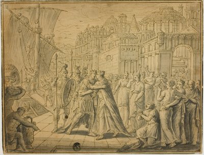 Dido und Aeneas umarmen sich vor den Toren Karthagos von Marten de Vos