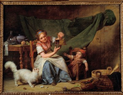 Die Frau und die Maus. Ein Mädchen hält eine Mausefalle vor die Katze und ein Baby. Gemälde von Martin Drolling (1752-1817) von Martin Drölling