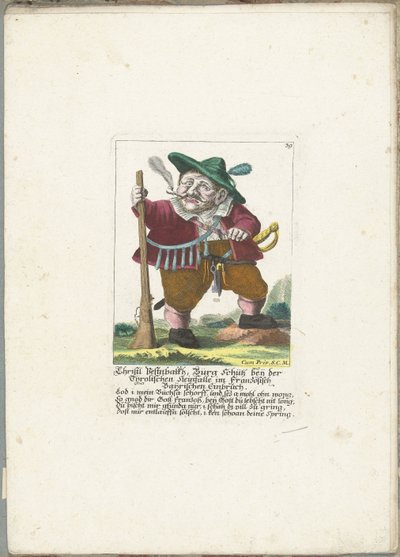 Der Zwerg Christl Vestnbalkh, ca. 1710 (Christl Vestnbalkh, Bürg Schütz beij der Tijrolischen Steinfalle im Französischen Baijrischen Einbruch) (Il Callotto resurcitato oder Neu eingerichtes Zwerchen Cabinet) von Martin Engelbrecht (attributed to)