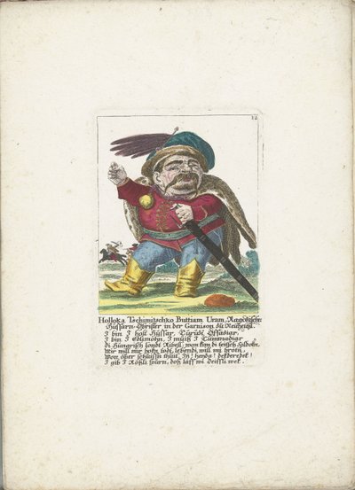 Der Zwerg Holloka Tschimitschko Buttiam Uran als Husar, ca. 1710 (Holloka Tschimitschko Buttiam Uran, Ragoßischer Hussarn-Obrister in der Garnison zu Neuheußl) (Il Callotto resurcitato oder Neu eingerichtes Zwerchen Cabinet) von Martin Engelbrecht (attributed to)