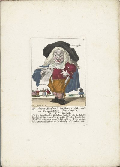 Der Zwerg Lucas Hirnzwik als Anwalt, ca. 1710 (Dr. Lucas Hirnzwik, berühmter Advokat im Schwäbischen Schnekenfeld, zu Pfifferlingen) (Il Callotto resurcitato oder Neu eingerichtes Zwerchen Cabinet) von Martin Engelbrecht (attributed to)