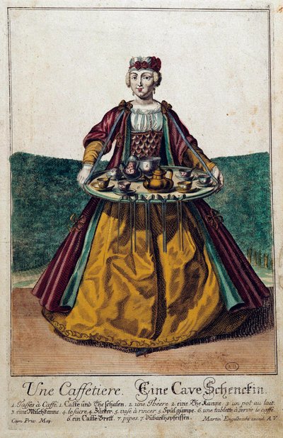 Eine Kaffeeköchin: eine junge Frau trägt ein Tablett mit einem Kaffeeservice. Gravur von Martin Engelbrecht, 18. Jahrhundert. Paris, Kunstgewerbemuseum von Martin Engelbrecht