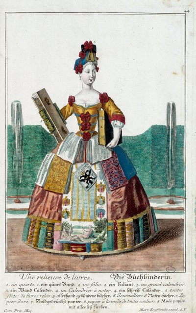 Beruf: Ein Buchbinder. Gravur von Martin Engelbrecht (1684-1756), in „Neue Versammlung der manouvries habilles“ 18. Jahrhundert, Deutschland. Paris, Decorative Arts von Martin Engelbrecht