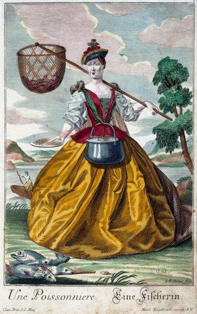 Beruf: Ein Fisch. Gravur von Martin Engelbrecht (1684-1756), in "Neue Versammlung der bekleideten Handwerker" 18. Jahrhundert, Deutschland. Paris, Dekorative Künste von Martin Engelbrecht
