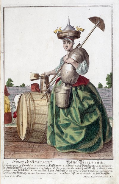 Darstellung der Frau eines Brauers, die einen Trichter auf dem Kopf trägt, einen Getreidesack, eine Schüssel, einen Eimer, ein Bierfass. Gravur von Martin Engelbrecht von Martin Engelbrecht