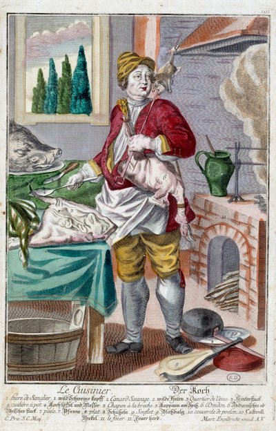 Der Koch. Gravur von Martin Engelbrecht (1684-1756), in „Neue Versammlung der manouvries habilles“ 18. Jahrhundert, Deutschland. Paris, Decorative Arts von Martin Engelbrecht