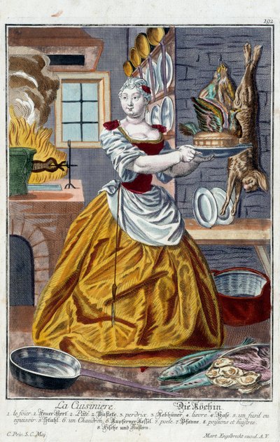 Der Koch. Gravur von Martin Engelbrecht (1684-1756), in „Neue Versammlung der manouvries habilles“ 18. Jahrhundert, Deutschland. Paris, Kunstgewerbemuseum von Martin Engelbrecht