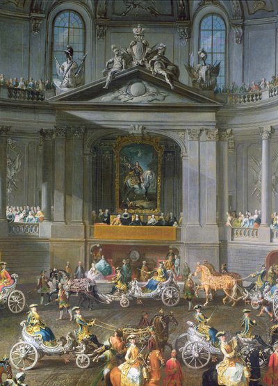 Eine Kavalkade in der Winterreitschule der Wiener Hofburg zur Feier des Sieges über die französische Armee in Prag, zeigt das Reiterporträt von Kaiser Karl VI., 1743 (Detail) von Martin II Mytens or Meytens