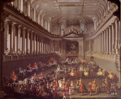 Karussell der spanischen Manege von Wien zur Feier der französischen Niederlage in Prag 1763, Marie Therese von Österreich (1717-1780) ist auf dem weißen Pferd dargestellt Gemälde der Schule von Martin Meytens (1695-1770) 18. Jahrhundert Wien. Kunsthistor von Martin Meytens the Younger