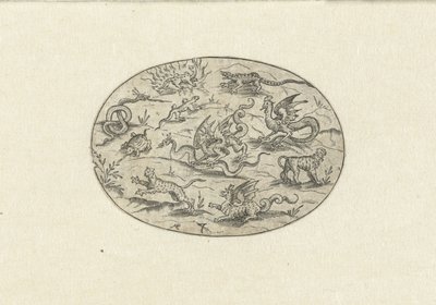 Oval mit Reptilien, Katzenartigen und Fantasiewesen von Martin Pleginck