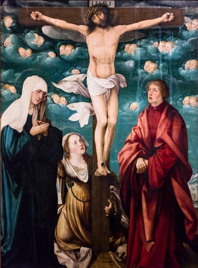 Kreuzigung mit der Jungfrau Maria, der heiligen Maria Magdalena und dem heiligen Johannes dem Evangelisten, ca. 1525-1530 von Martin Schaffner