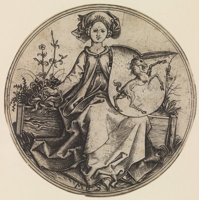 Sitzende Dame mit einem Schild mit einem Einhorn, ca. 1435-1491 von Martin Schongauer