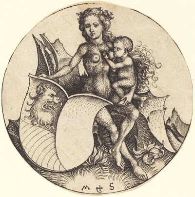Schild mit Löwenkopf, gehalten von Wilder Frau von Martin Schongauer