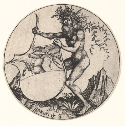 Schild mit Hirsch, gehalten von einem wilden Mann, ca. 1435-1491 von Martin Schongauer