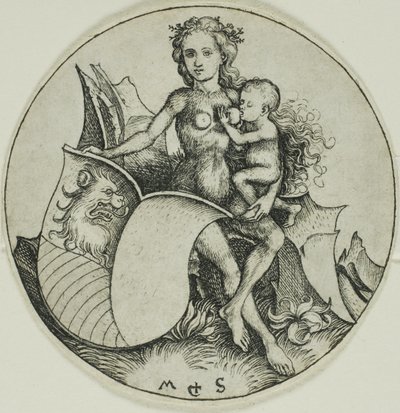 Schild mit Löwenkopf, gehalten von einer wilden Frau von Martin Schongauer