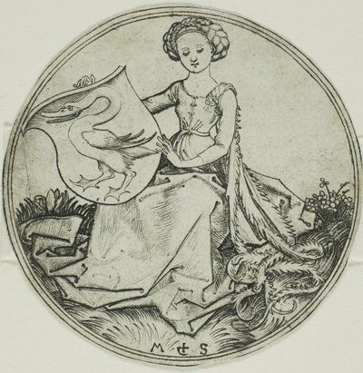 Schild mit einem Schwan, gehalten von einer sitzenden Dame von Martin Schongauer