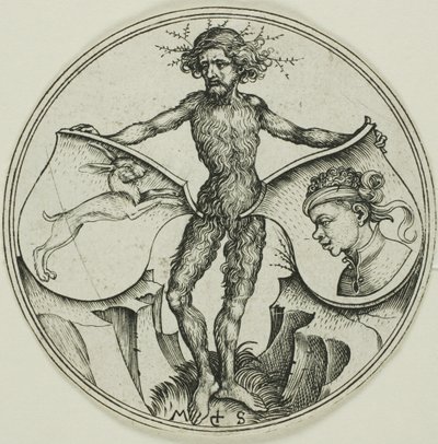 Zwei Schilde mit einem Hasen und einem Mohrenkopf, gehalten von einem wilden Mann von Martin Schongauer