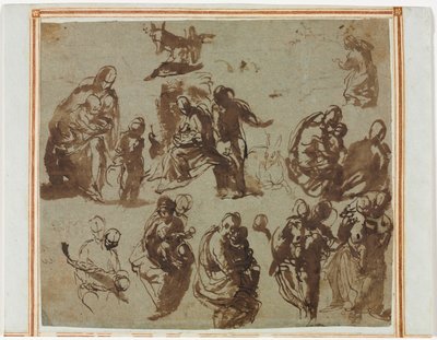 Verschiedene Skizzen der Madonna und des Kindes (recto) Architektonische Studien (verso) [teilweise sichtbar auf recto] von Martin Schongauer