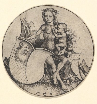 Wilde Frau mit einem Schild mit einem Löwenkopf von Martin Schongauer
