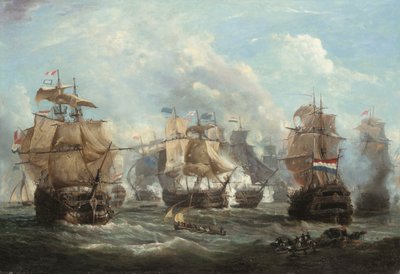 Das englische Flaggschiff Venerable im Kampf mit dem niederländischen Flaggschiff Vrijheid in der Schlacht von Camperdown von Martin Schouman